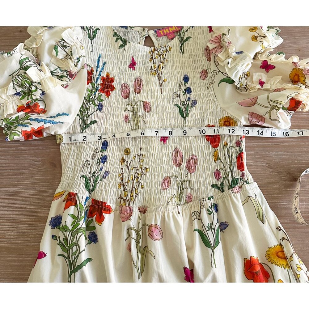 THML Ivory Floral Puff Sleeve Smocked Dress - Small - Picture 5 of 11